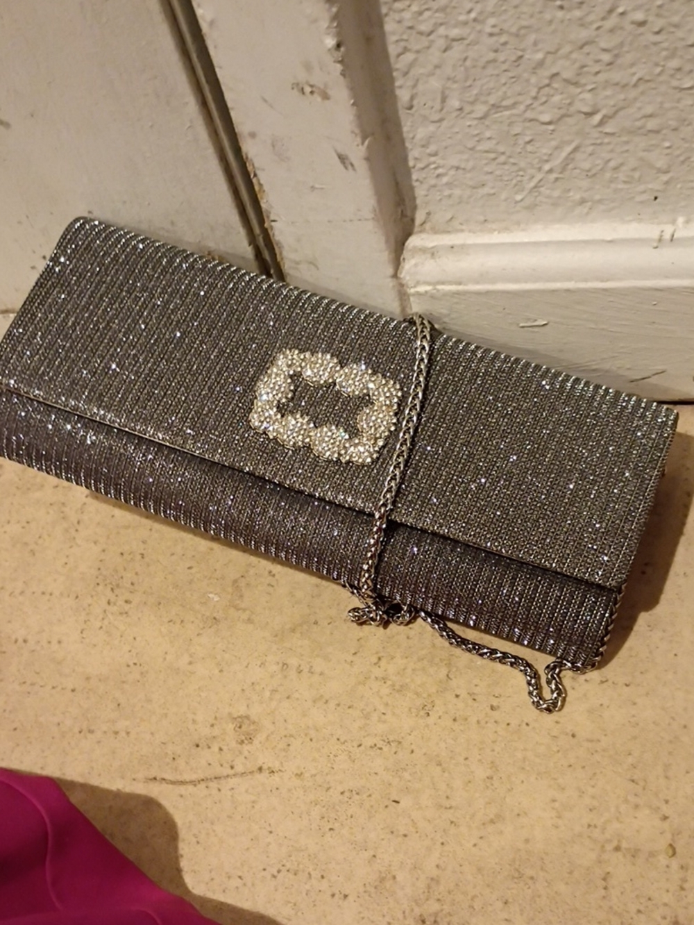 Silver Rhinestone Evening Clutch with Crystal Buckle